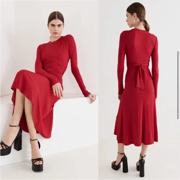 Altuzarra Masika Midi Ribbed Wrap Dress in Burnt Red Long Sleeve Size 38 (US6) - Picture 2 of 9